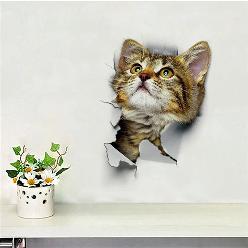 3d vivid broken Cat Toilet Door Refrigerator kitchen toilet Wall Stickers Decals Door Home Decor Poster Mural